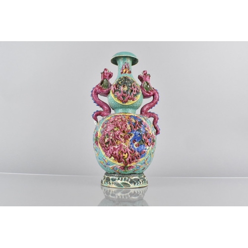 393 - A Chinese Turquoise Ground Double Gourd Vase Decorated in Fahua Manner with Pink, Blue and Yellow En... 