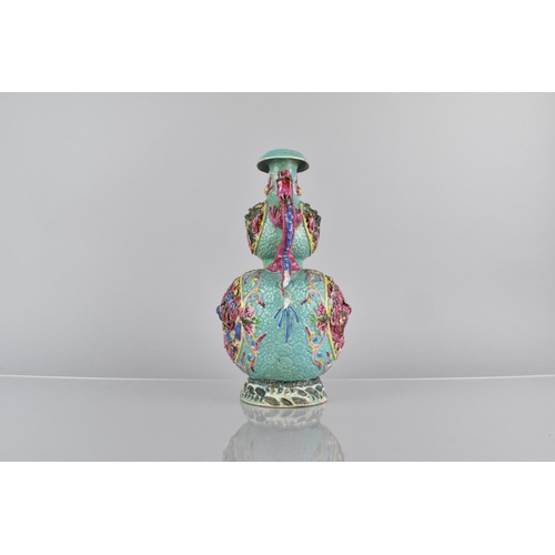 393 - A Chinese Turquoise Ground Double Gourd Vase Decorated in Fahua Manner with Pink, Blue and Yellow En... 