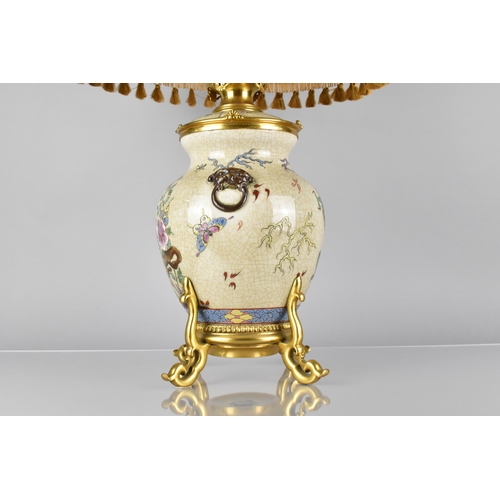 417 - A Chinese Porcelain Crackle Glazed and Ormolu Mounted Table Lamp, The Chinese Body of the Globular F... 