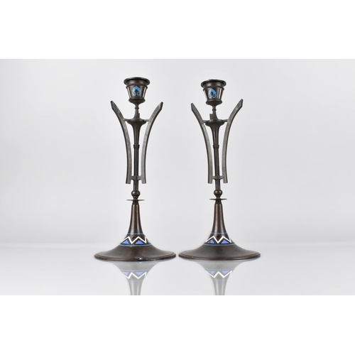 139 - A Pair of 19th Century French Bronze and Enamel Candlesticks, Having Tri Stylised Supports on Circul... 