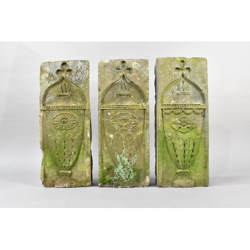 437 - Three Weathered Carved Stone Tablets Decorated with Urns with Acanthus Based Bodies and Cross Finial... 