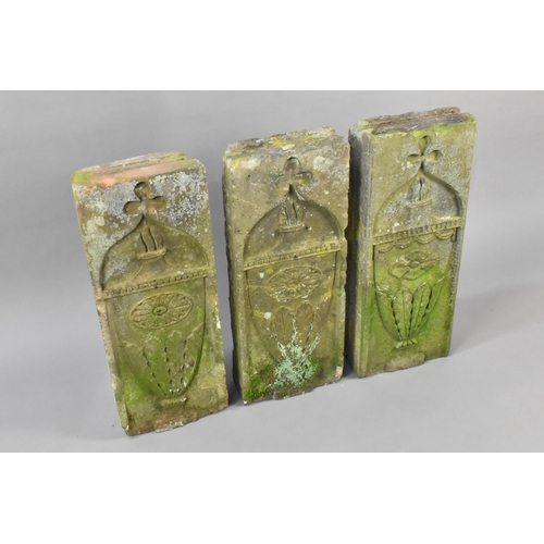 437 - Three Weathered Carved Stone Tablets Decorated with Urns with Acanthus Based Bodies and Cross Finial... 