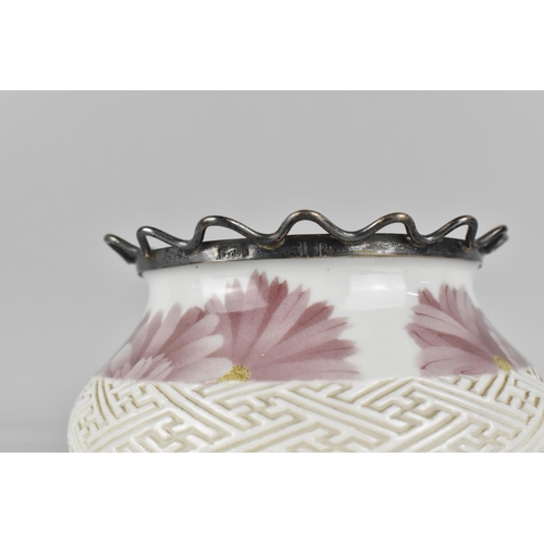 391 - A Silver Japanese Porcelain Pot by Makuzu Kozan of Squat From Having Incised Pattern Trim Band on Wh... 