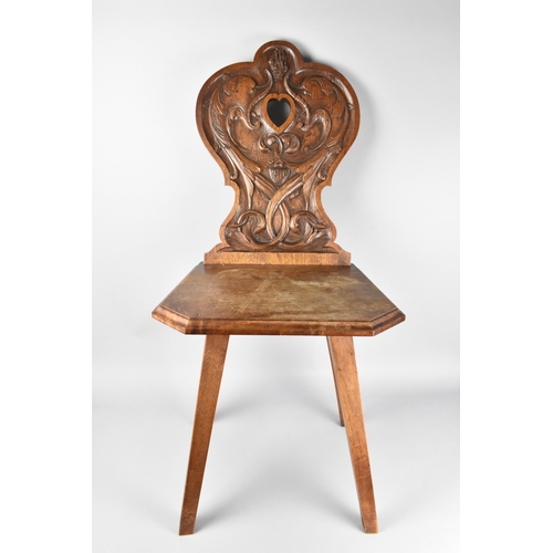 445 - An Edwardian Hall Chair with Carved Balloon Back Having Central Heart Shape Cut Out Flanked by Dolph... 