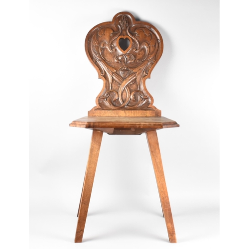 445 - An Edwardian Hall Chair with Carved Balloon Back Having Central Heart Shape Cut Out Flanked by Dolph... 