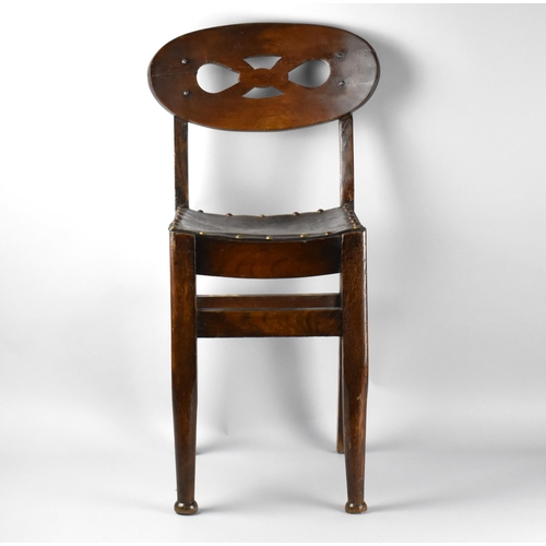 450 - An Edwardian Oak Childs Chair Stamped for Liberty with Oval Pierced Back and Leather Studded Seat 75... 