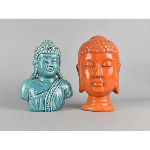 249 - Two Modern Glazed Ceramic Thai Busts of Buddha, 25cms High