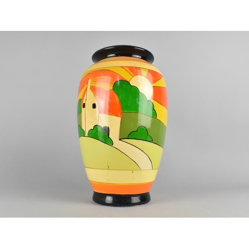 An Art Deco Hand Painted Pottery Lamp Base in the Manner of Clarice Cliff, Sunrise Scene with House, 31cm