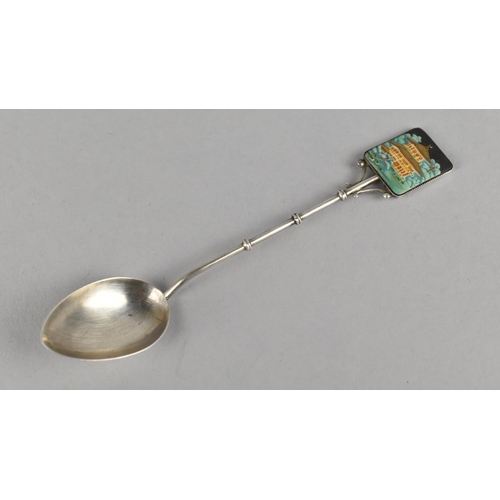 499 - A Silver Japanese Spoon by Toshikane with Enamel Ceramic Mount Decorated with Pagoda, Marked Sterlin... 