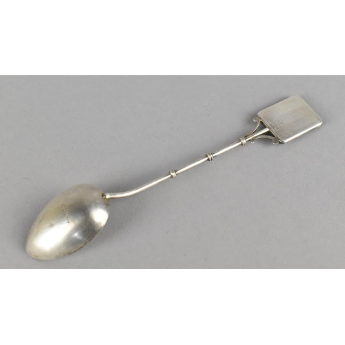 499 - A Silver Japanese Spoon by Toshikane with Enamel Ceramic Mount Decorated with Pagoda, Marked Sterlin... 