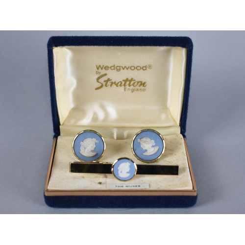 510 - A Wedgwood by Stratton Cased Set of Cufflinks and Tiepin, Jasperware 'The Muses' Plaques