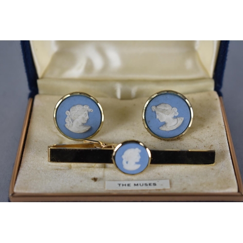 510 - A Wedgwood by Stratton Cased Set of Cufflinks and Tiepin, Jasperware 'The Muses' Plaques