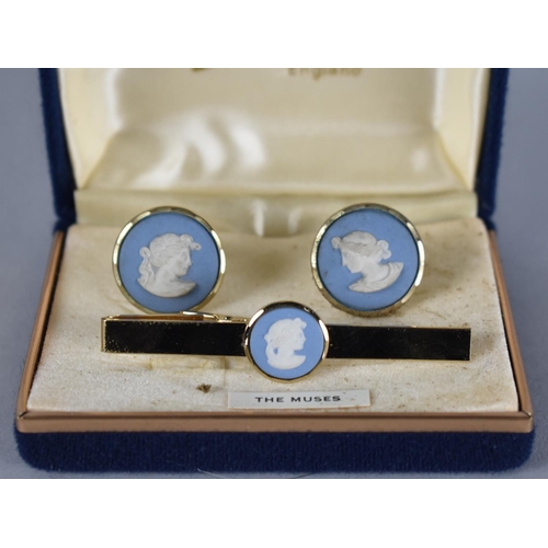 510 - A Wedgwood by Stratton Cased Set of Cufflinks and Tiepin, Jasperware 'The Muses' Plaques