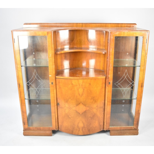 555 - A 1950s Walnut Veneered Side to Side Display Cabinet with Bow Fronted Centre Cabinet and Open Sectio... 