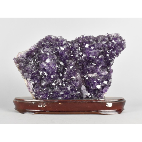 75 - A Large Section of Amethyst Crystal Set on Wooden Plinth Base, 30cms Wide and 19cms High