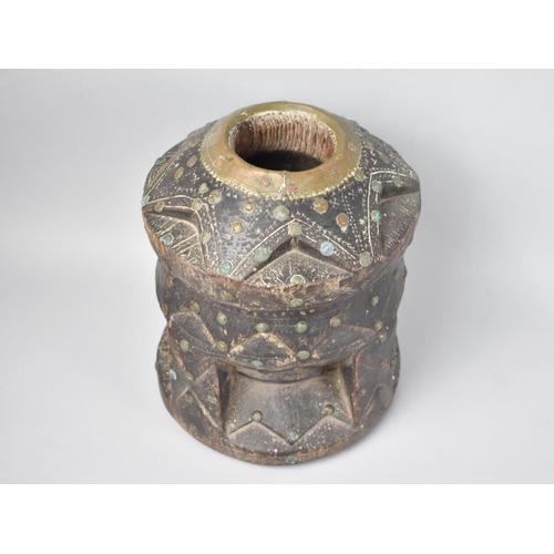 85 - An Arabic Mortar Carved From Tree Trunk with Geometric Pattern Decoration with Copper and Brass Stud... 