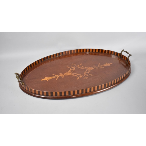 89 - A Mid/Late 19th Century Inlaid Oval Galleried Tray with Brass Handles, 67x40cms