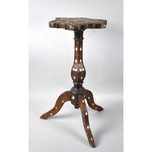 100 - A Far Eastern Mother of Pearl Inlaid Shaped Top Tripod Table or Candle Stand, Some Missing Mother of... 