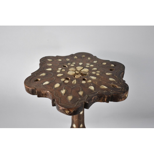 100 - A Far Eastern Mother of Pearl Inlaid Shaped Top Tripod Table or Candle Stand, Some Missing Mother of... 