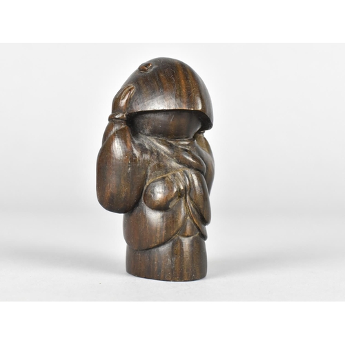 33 - A Carved Japanese Study of a Girl with Hat, Signed to Base, 8cms High