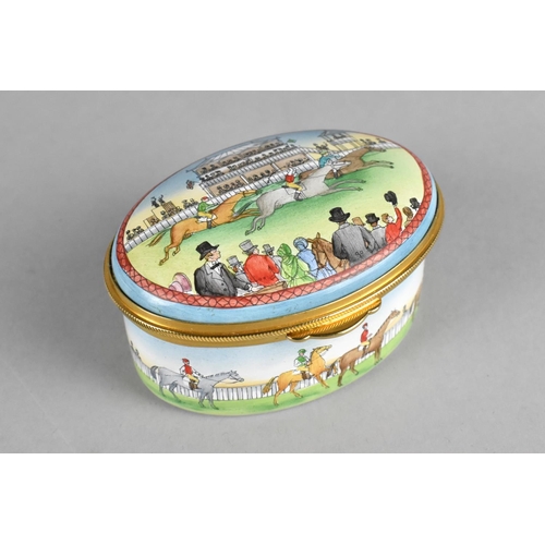 34 - A 'Staffordshire Enamels' Oval Box Decorated with Horse Racing Scenes, 6cms Wide