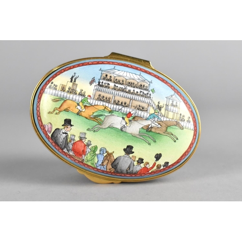 34 - A 'Staffordshire Enamels' Oval Box Decorated with Horse Racing Scenes, 6cms Wide