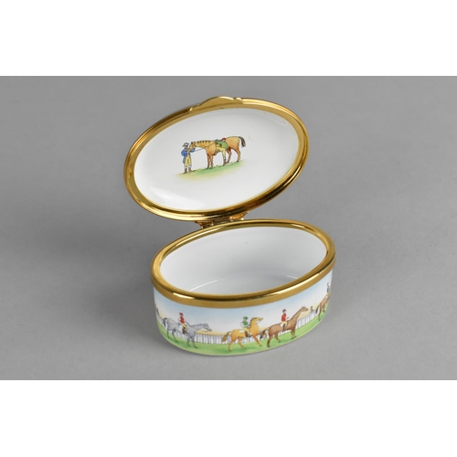 34 - A 'Staffordshire Enamels' Oval Box Decorated with Horse Racing Scenes, 6cms Wide