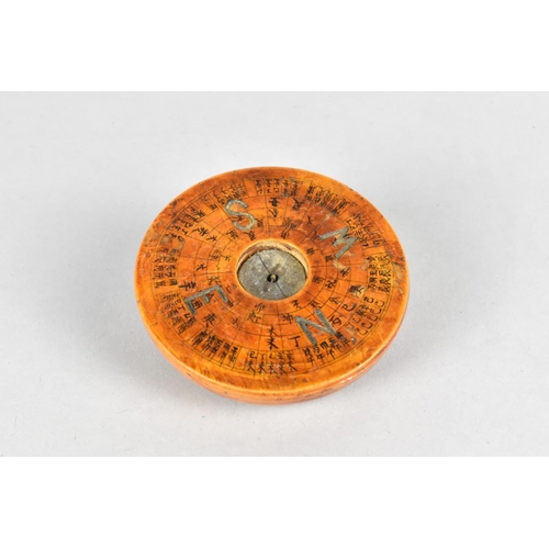 4 - A Chinese Wooden Circular Pocket Compass with Six Character Mark to Base, 7.5cms Diameter