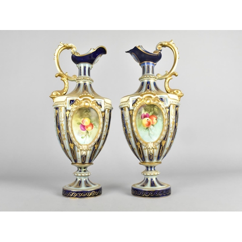 A Pair of German Porcelain Ewers Having Central Hand Painted Cartouches ...