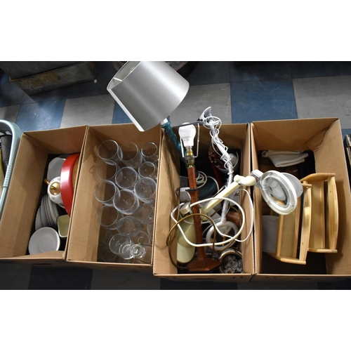 512 - Four Boxes of Various Sundries to Comprise Glass, Ceramics, Lamps etc