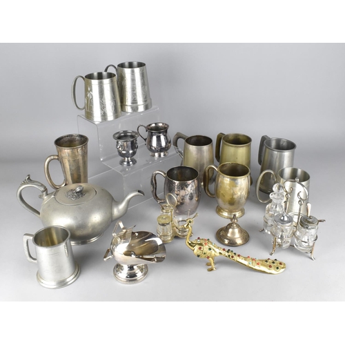 516 - A Collection of Various Metalware to Comprise Silver Plated Tankards, Glass and Silver Plate Cruets,... 