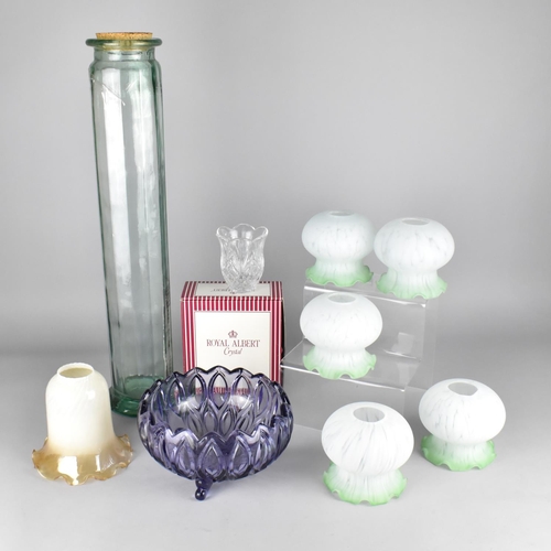 517 - A Collection of Various Glass to Comprise Opaque Lamp Shades, Tall Glass Jar, Vase etc