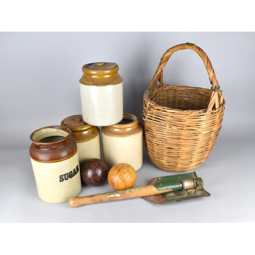 518 - A Collection of Vintage Items to Comprise Wicker Basket Containing Wooden Bowls, Stoneware Jars and ... 