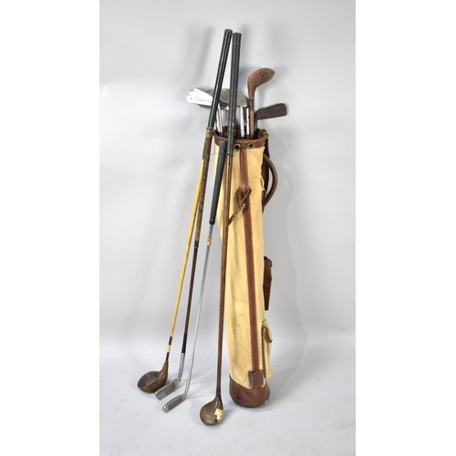 543 - A Collection of Various Hickory and Metal Shafted Vintage Golf Clubs in Canvas and Leather Golf Bag