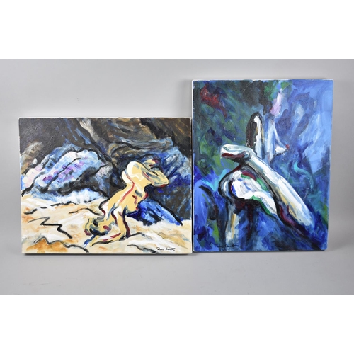 546 - A Pair of Mounted but Unframed Modern Art Oil on Canvas from The Body Language Exhibition, Blueberry... 