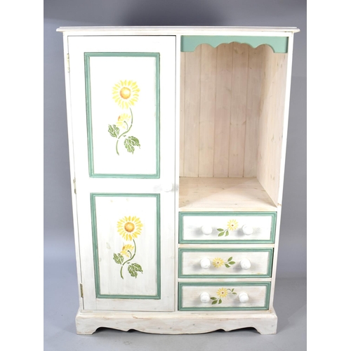 552 - A Painted and Stencilled Pine Bedroom Unit with Three Drawers, Hanging Section and Open Display Sect... 