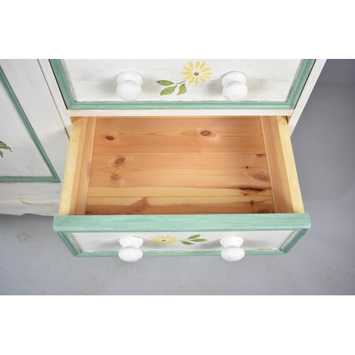 552 - A Painted and Stencilled Pine Bedroom Unit with Three Drawers, Hanging Section and Open Display Sect... 