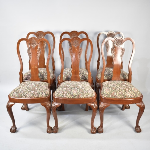 567 - A Set of Six Mahogany Framed Queen Anne Style Dining Chairs with Tapestry Pad Seats