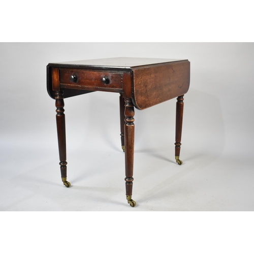 579 - A 19th Century Mahogany Drop Leaf Occasional Table with End Drawer, Turned Supports, 76cms Wide