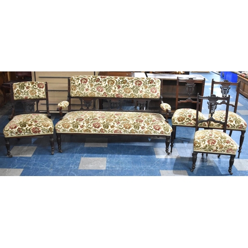 583 - A Late Victorian/Edwardian Five Piece Salon Suite with Mahogany Framed and Cut Moquette Upholstery