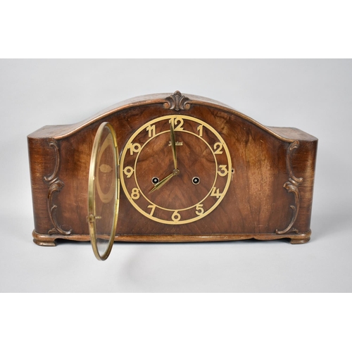 60 - A 1950's Walnut Westminster Chime Mantel Clock by Junghans, Movement Requires Attention, 46cms Wide