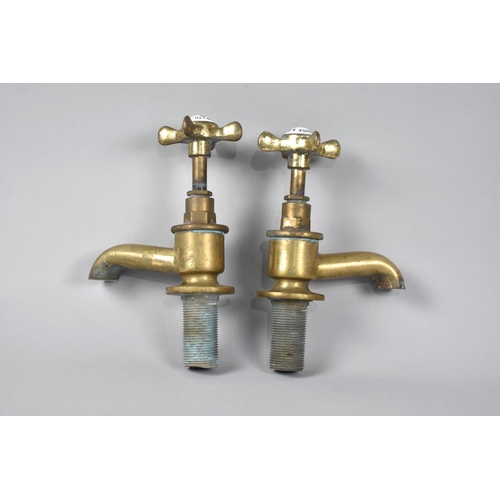 64 - A Pair of Vintage Brass Taps with Enamelled Disc for HE Rudge and Co, 1901, 19cms High Overall