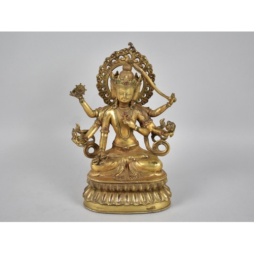 97 - A Gilt Bronze and Jewelled Study of a Three Headed and Six Armed Deity, Probably Tibetan Buddhist, S... 