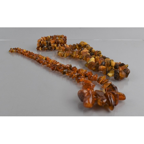 462 - Two Long Strings of Raw Amber together with a Raw Amber Chip Three Row Bracelet, Largest Chip 34mm L... 