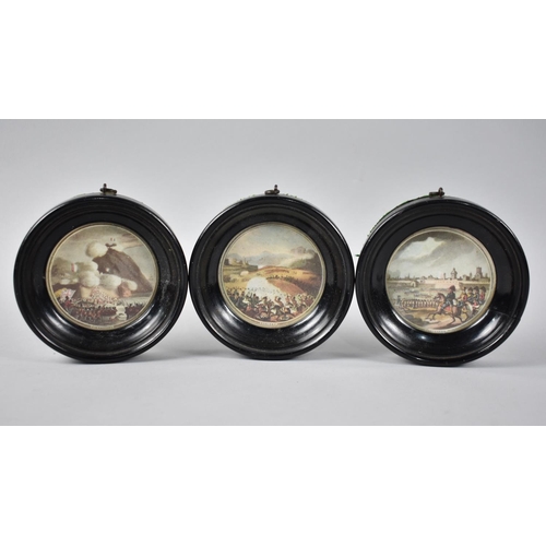 109 - A Set of Three Ebonised Frame Circular Miniature Prints Depicting Battle Scenes, 9.75cms Diameter