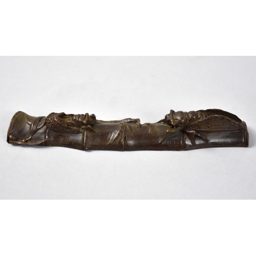 11 - A Chinese Bronze Brush or Pen Rest with Four Character Mark Under, In the Form of a Section of Bambo... 