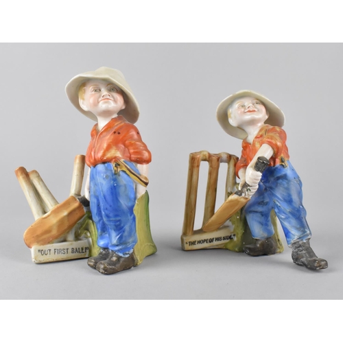 118 - A Pair of Cold Painted Bisque Spill Vases in the Form Of Young boy Playing Cricket, 