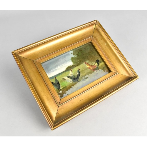 122 - A Gilt Framed Hand Painted Porcelain Plaque depicting Poultry in Field, 11.5x7.5cms