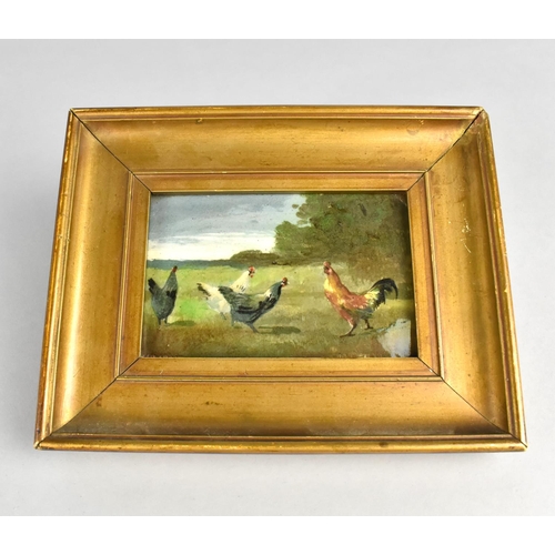 122 - A Gilt Framed Hand Painted Porcelain Plaque depicting Poultry in Field, 11.5x7.5cms