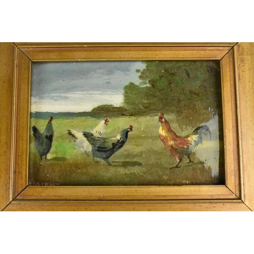 122 - A Gilt Framed Hand Painted Porcelain Plaque depicting Poultry in Field, 11.5x7.5cms